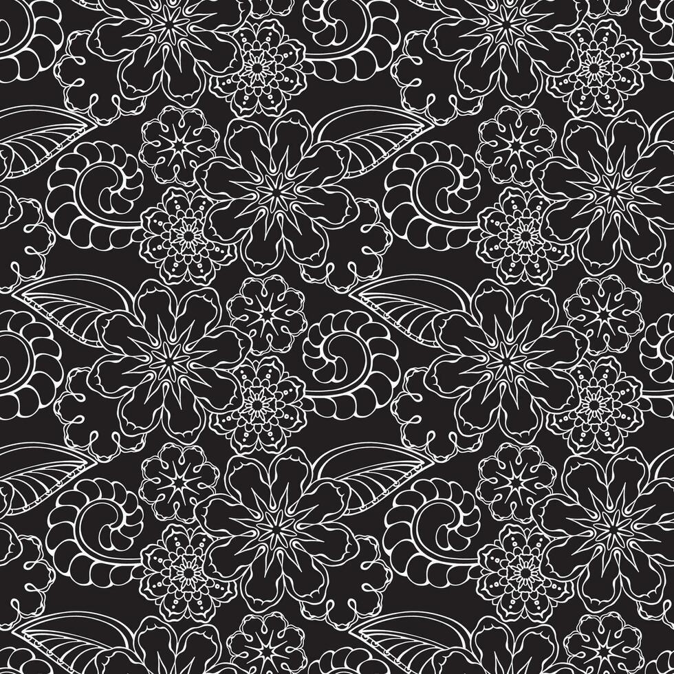 White outline paisley on black background. Vector ethnic seamless pattern.