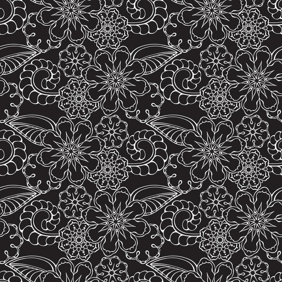 White outline paisley on black background. Vector ethnic seamless pattern.