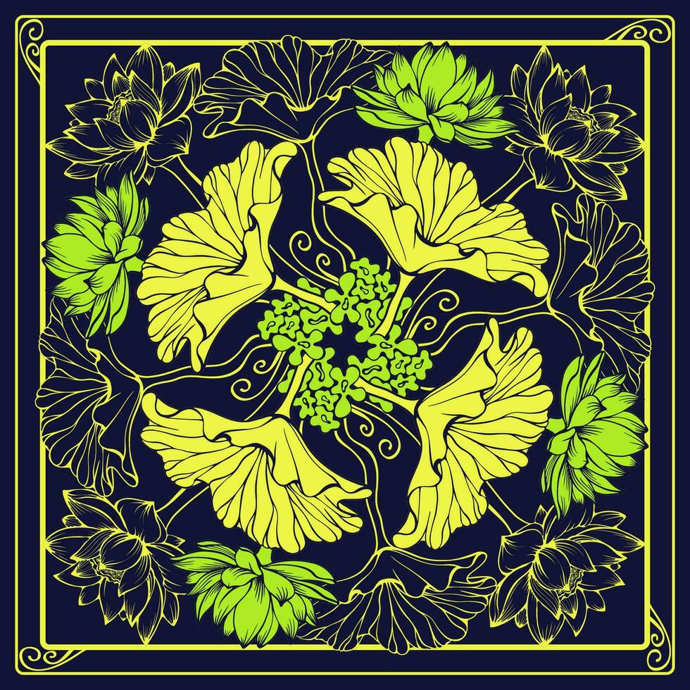 Botanical square pattern with lotuses and leaves. Floral Bandana. Vector. vector