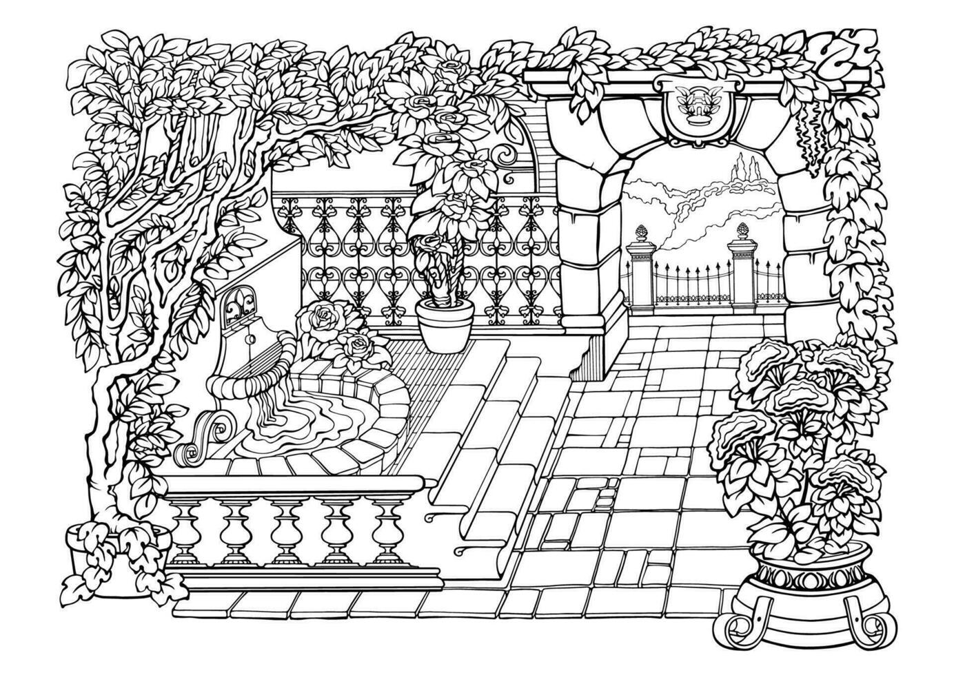 romántico secreto jardín. colorante paginas a mano lineal estilo. vector ilustración.