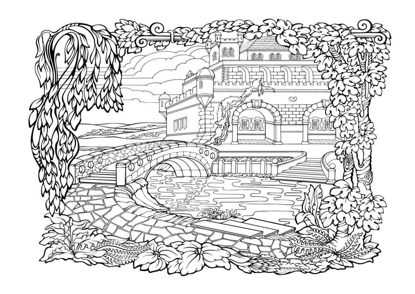 Romantic cozy town. Coloring page with bridge and castle. Vector. vector