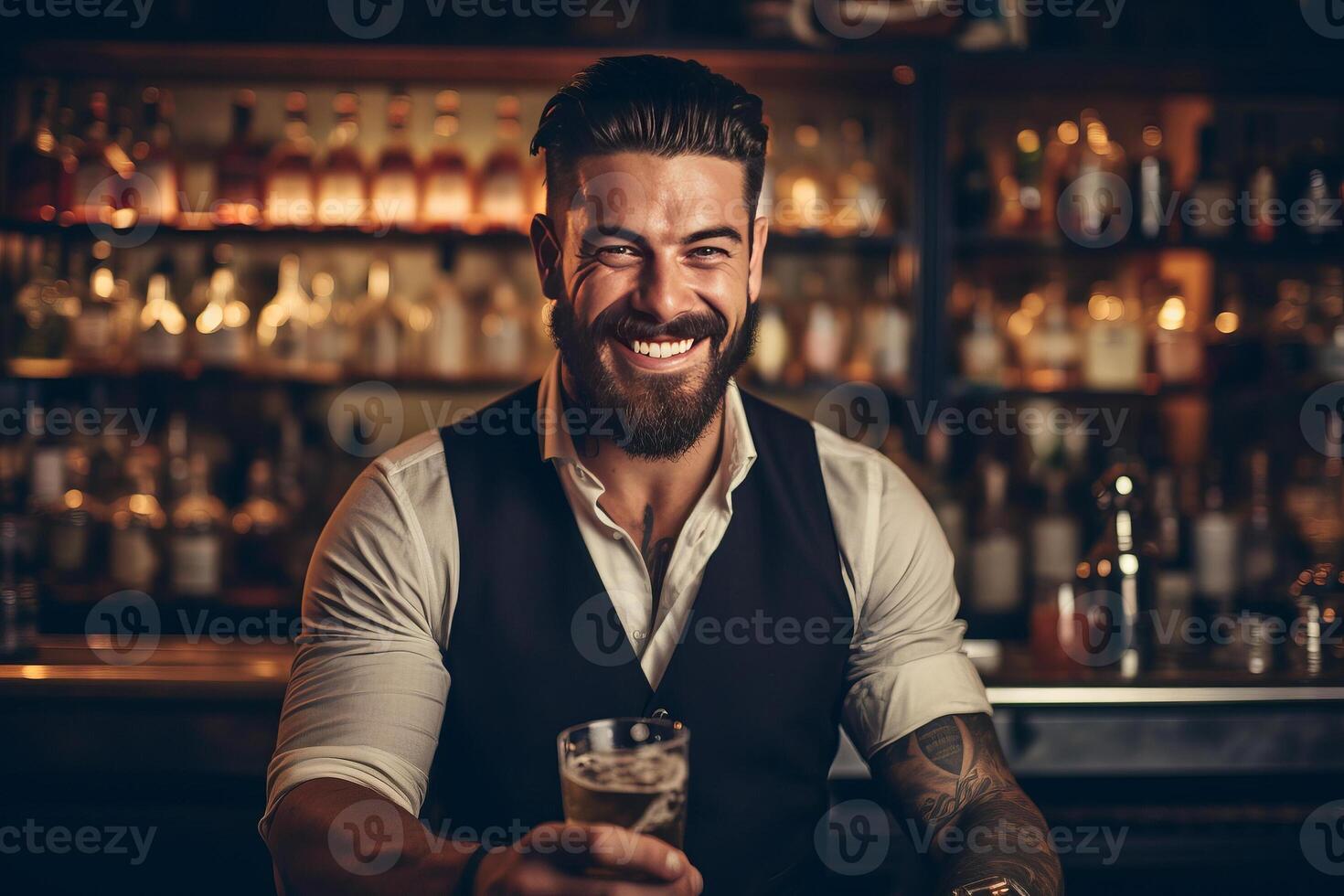 retrato sonriente barman mezclas un cóctel en un criba vibradora. ai generado foto