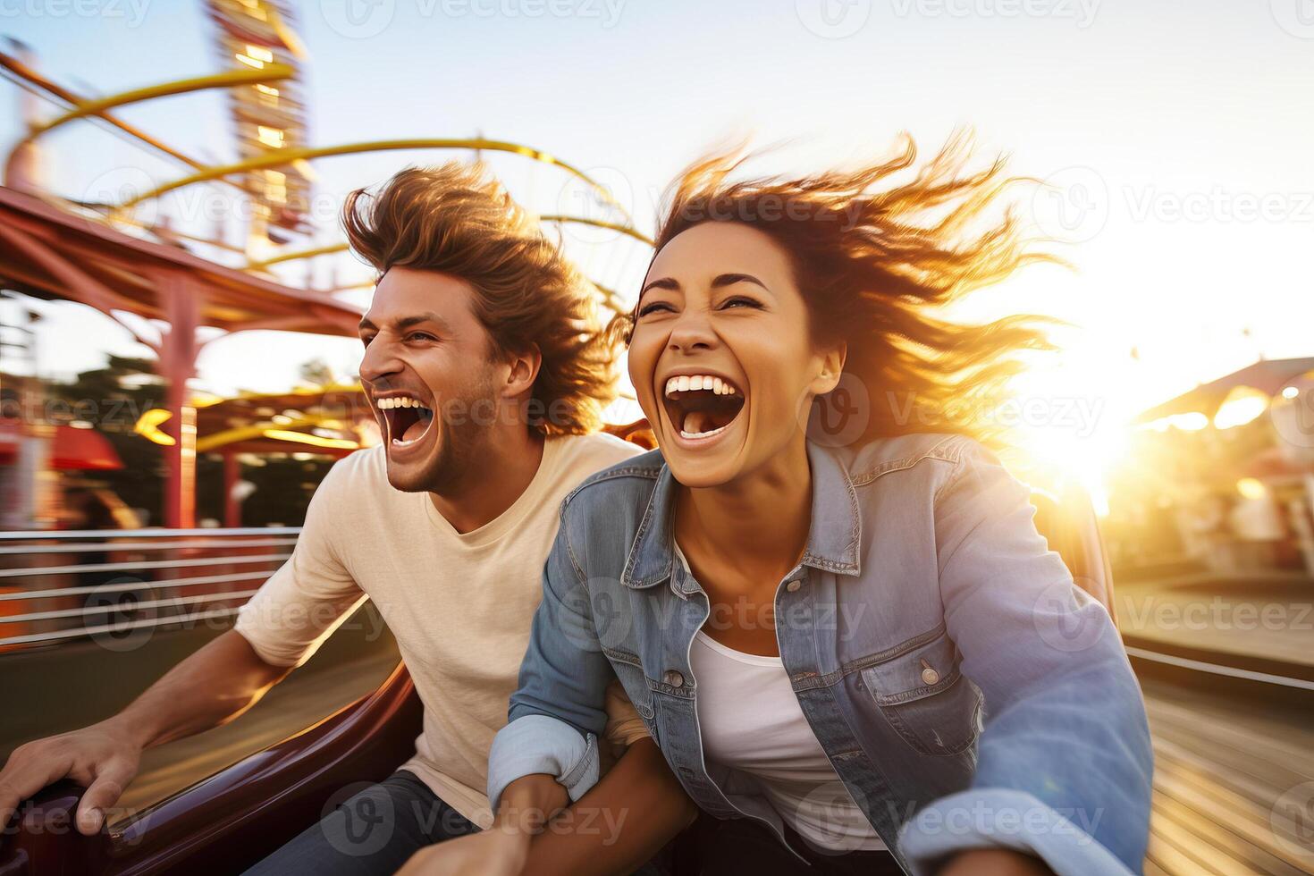 emocionado Pareja disfrutando un emocionante, alta velocidad paseo a un diversión parque. ai generado foto