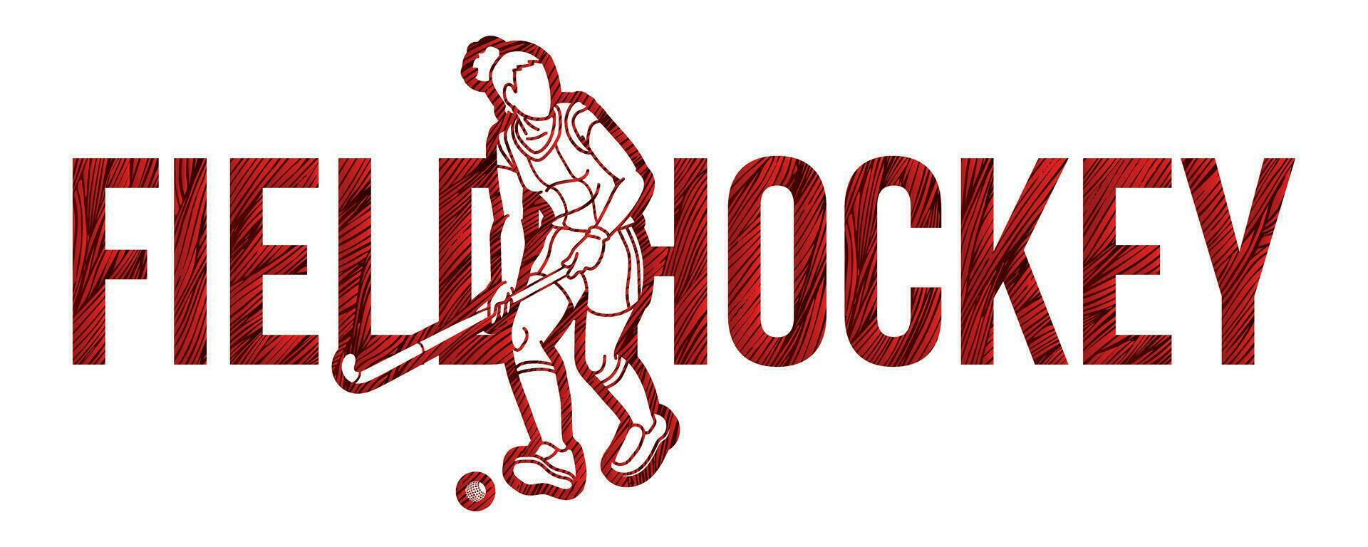 campo hockey hembra jugador acción con texto fuente diseño dibujos animados gráfico vector