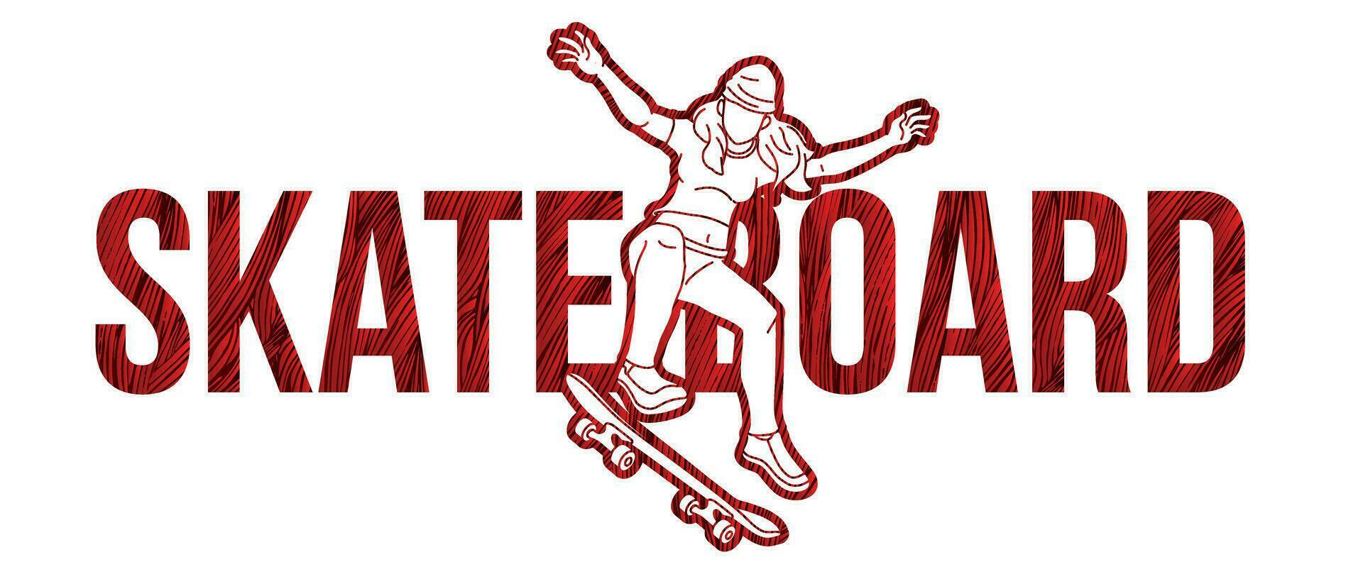 Skateboarder with Text Designed Skateboard Female Player Action Cartoon Extreme Sport Graphic Vector