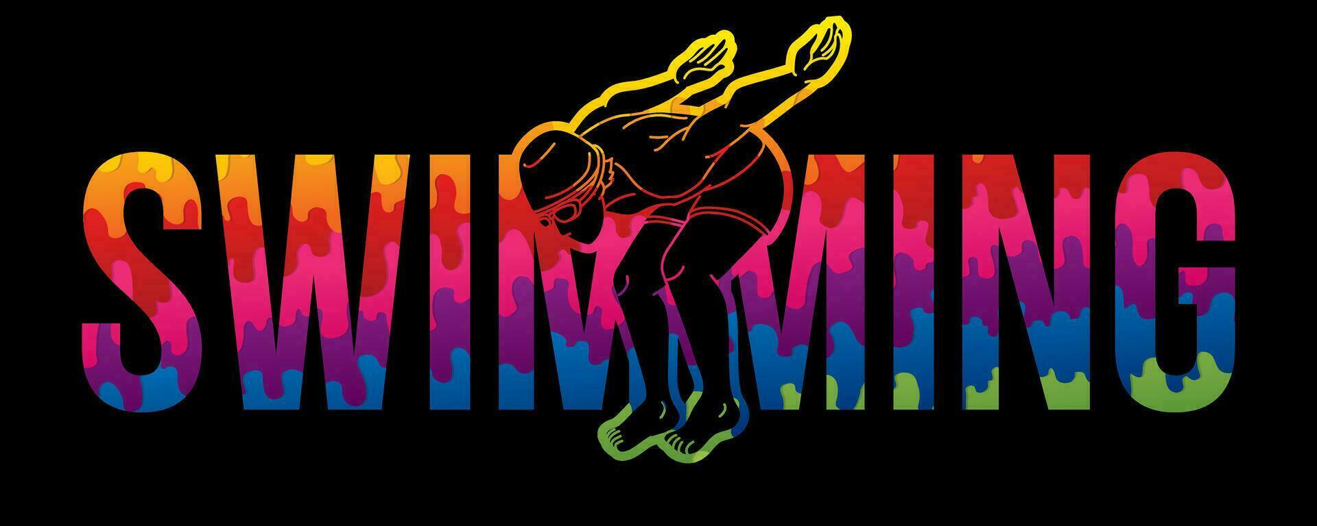 Graffiti Swimming Text with Swimmer Cartoon Sport vector