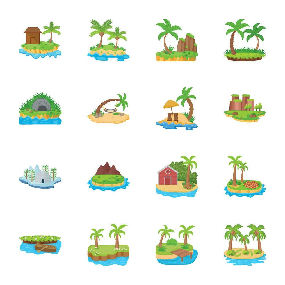 diferente escenas de islas plano íconos vector