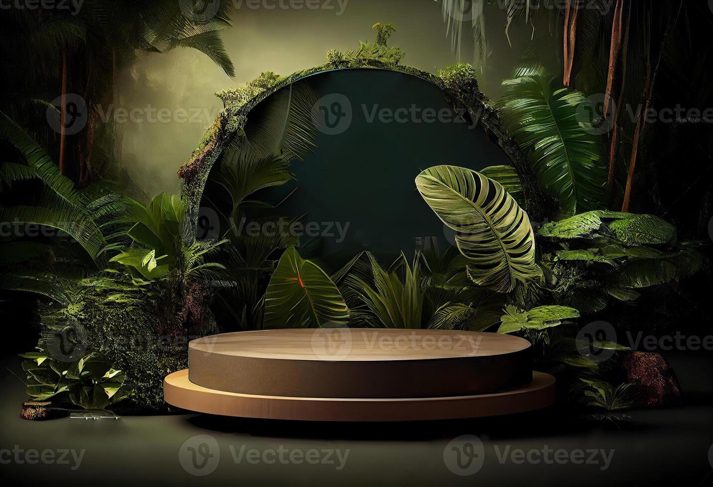 Photo tropical podium or platform for product presentation display in jungle landscape.