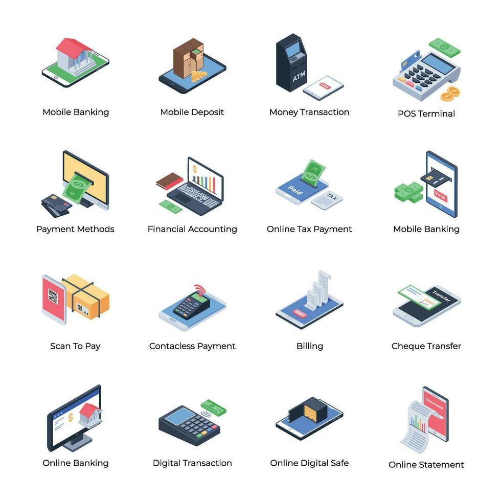 Pack of Mobile Banking Isometric Icons vector