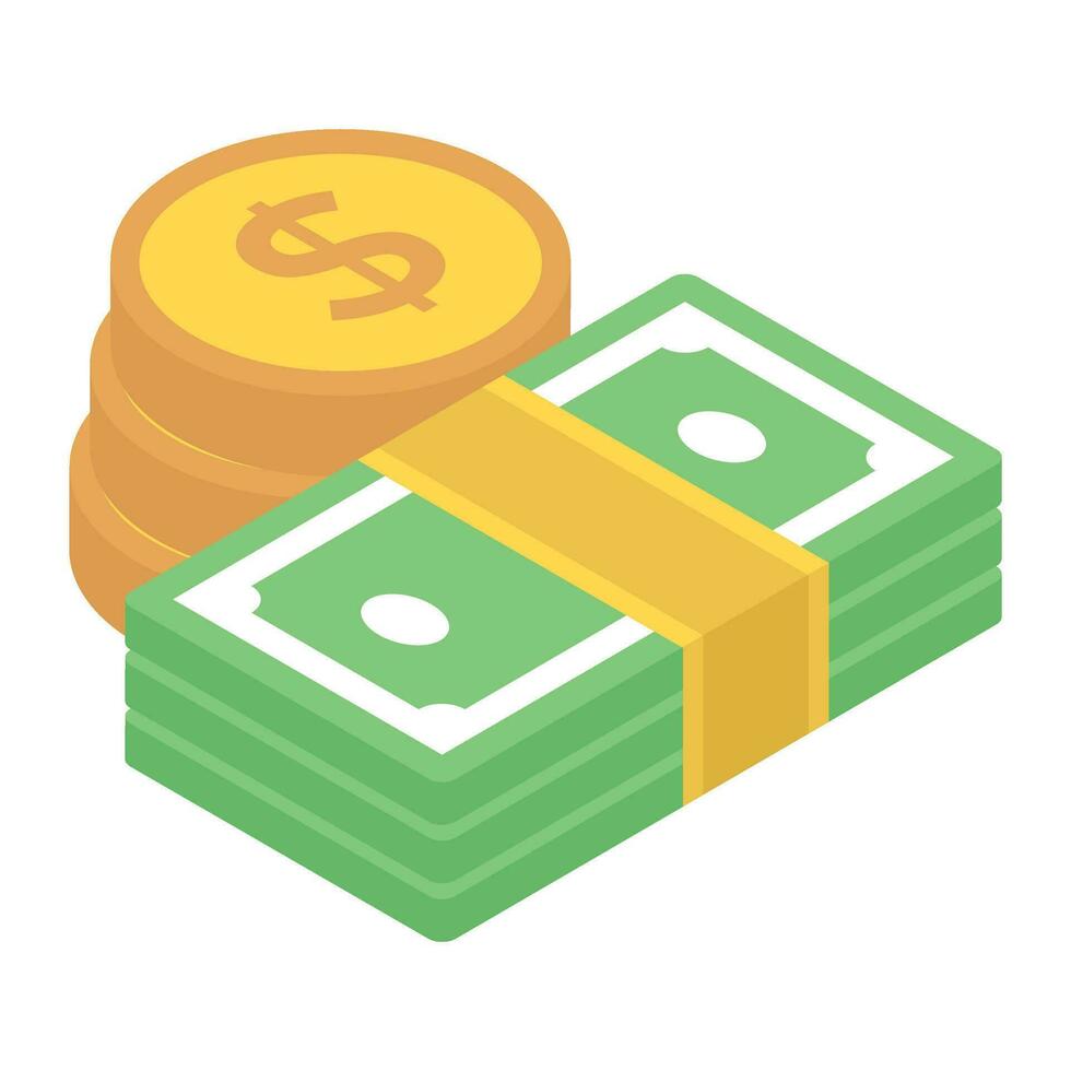 Dollar coins with banknote showing concept of money stack icon vector