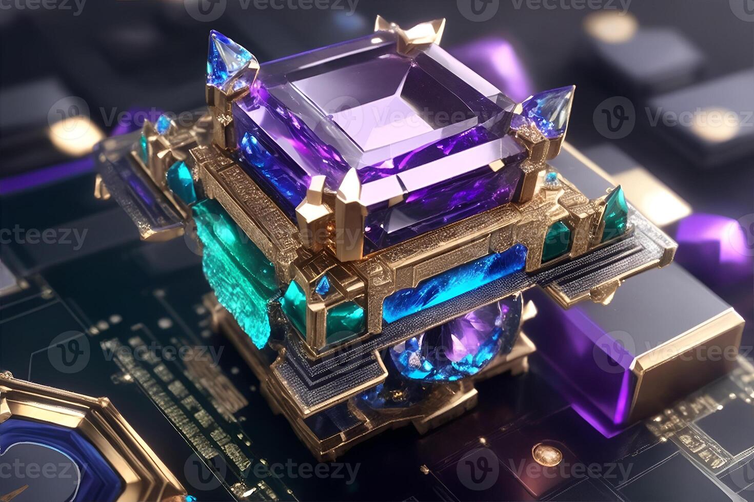 Imaginal High-end CPU with a fantasy game look and gemstone on top. photo