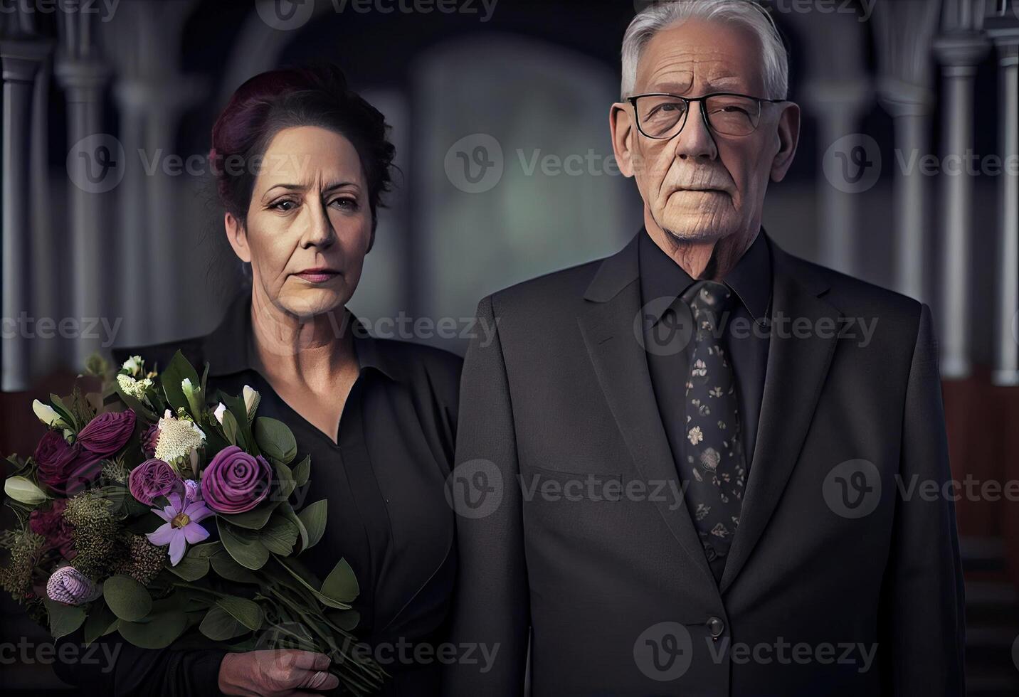 Senior man standing with attractive woman holding flowers on funeral. photo