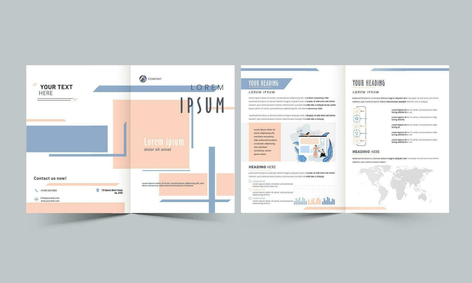 Front and Back View of Business Bi-Fold Brochure Template Design with Company Growth Presentation. vector