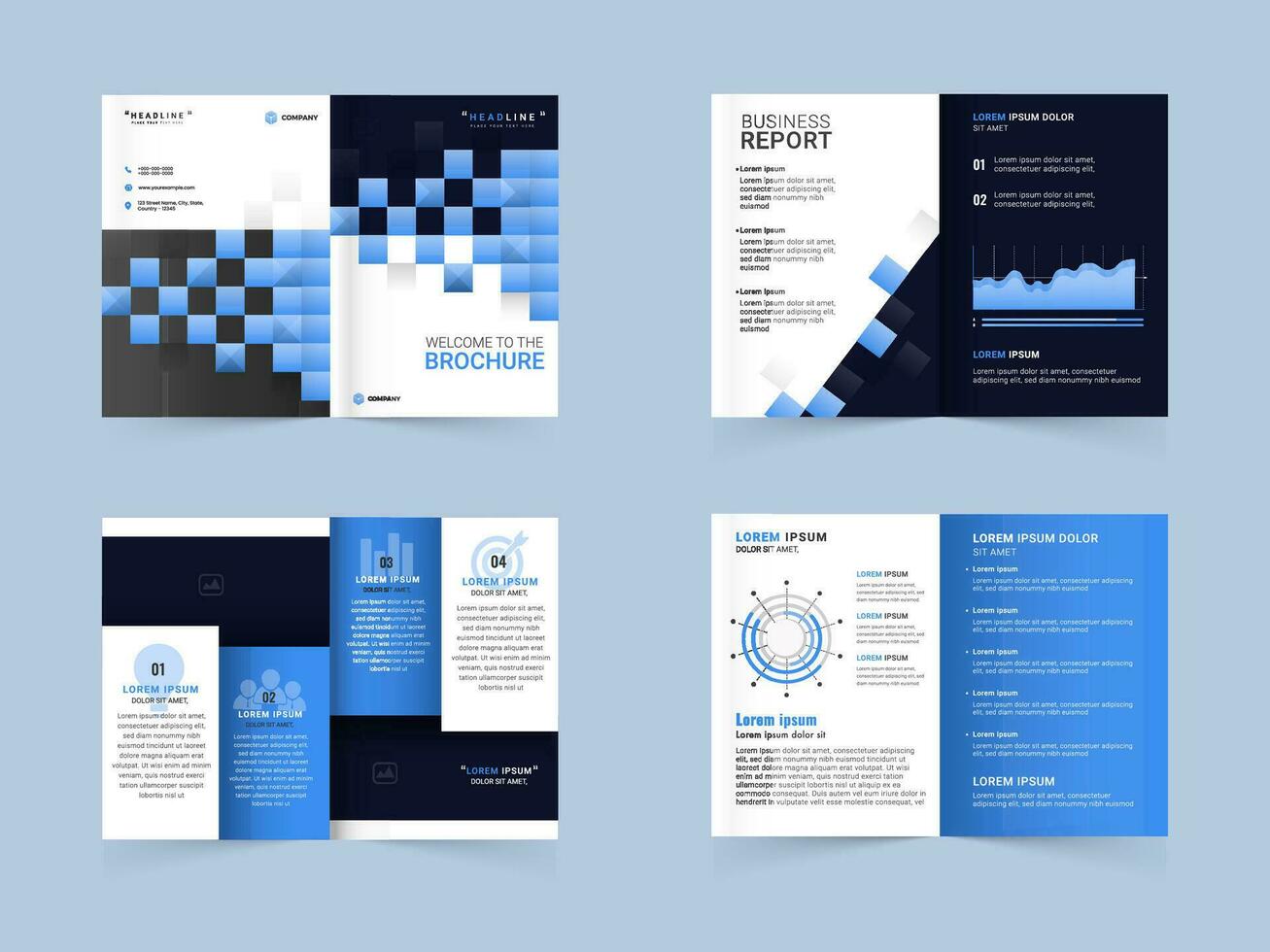 Set of Bi-Fold Brochure Template or Annual Report with Double-Side for Business Concept. vector