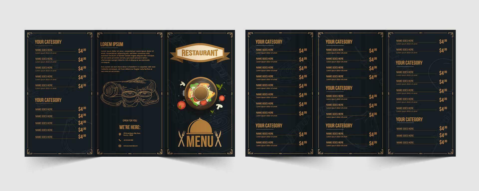 Restaurant Tri-Fold Brochure or Menu Card with Double-Side for Publishing. vector