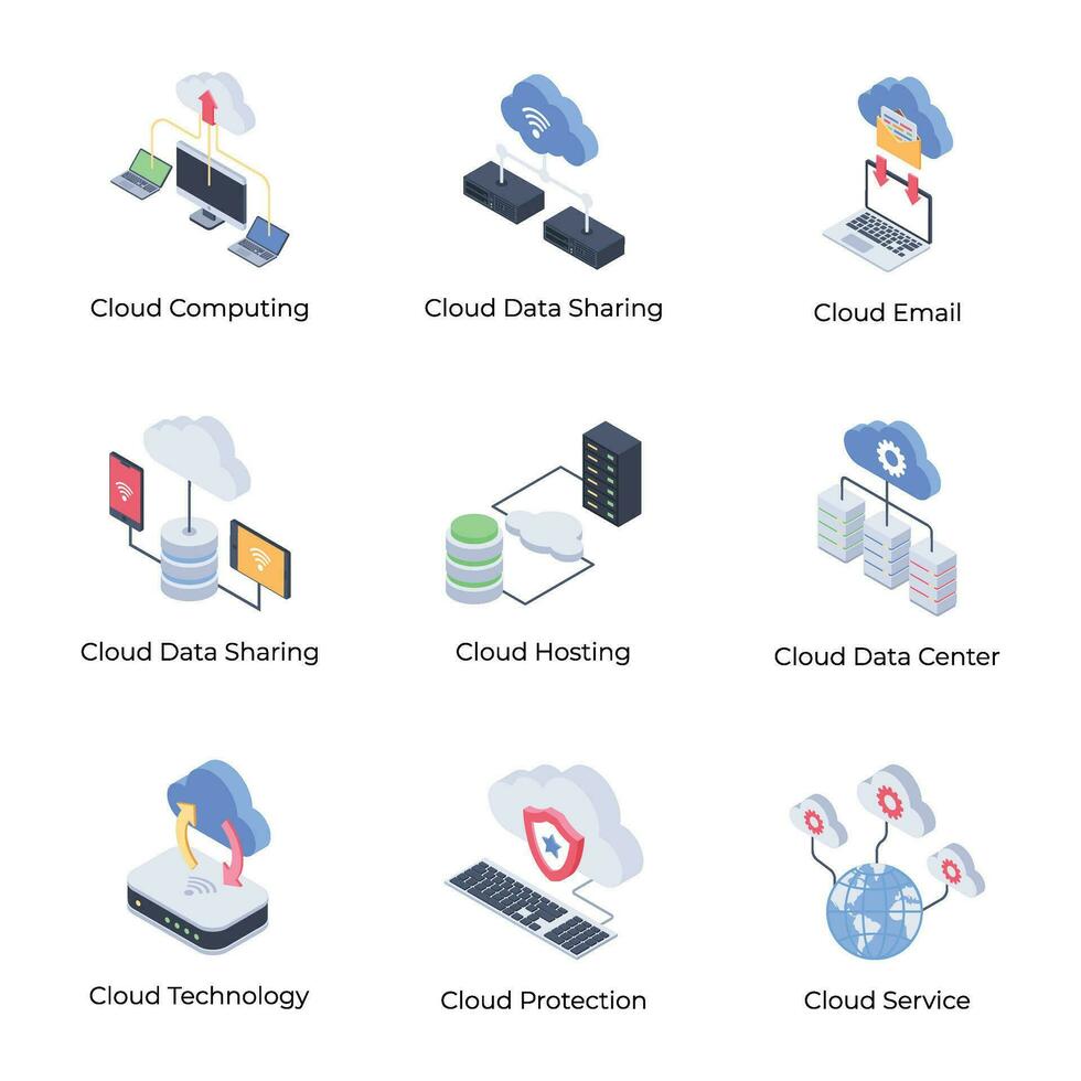 Cloud Technology Isometric Icons Set vector