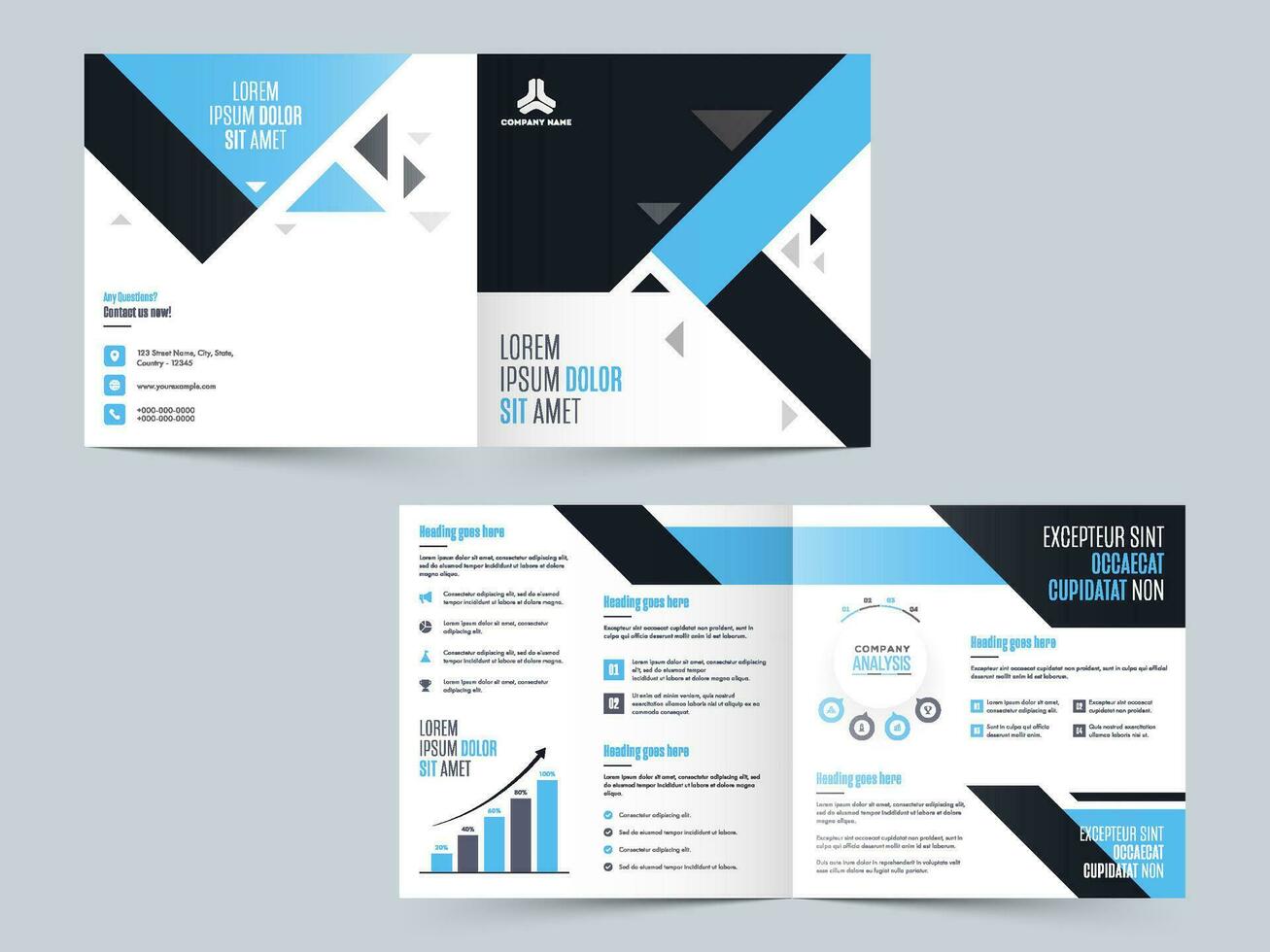 doble cuadrado folleto, anual reporte diseño en frente y espalda página vista. vector