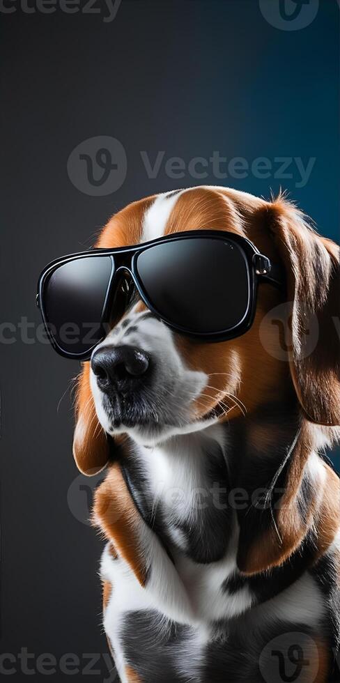 Dog with sunglasses on dark background. photo