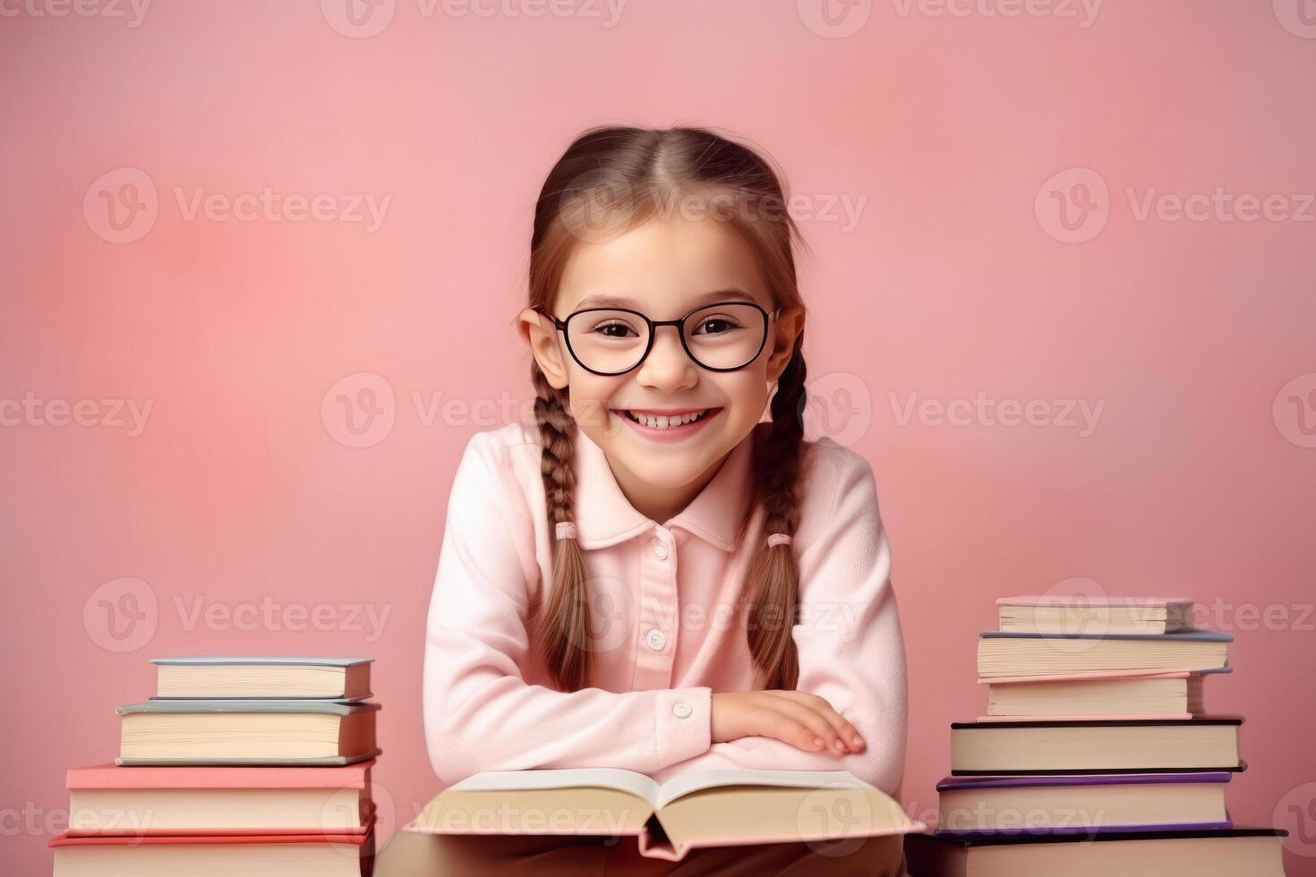 portrait of a happy child little girl with glasses sitting on a stack of books and reading a books, light pink background. photo