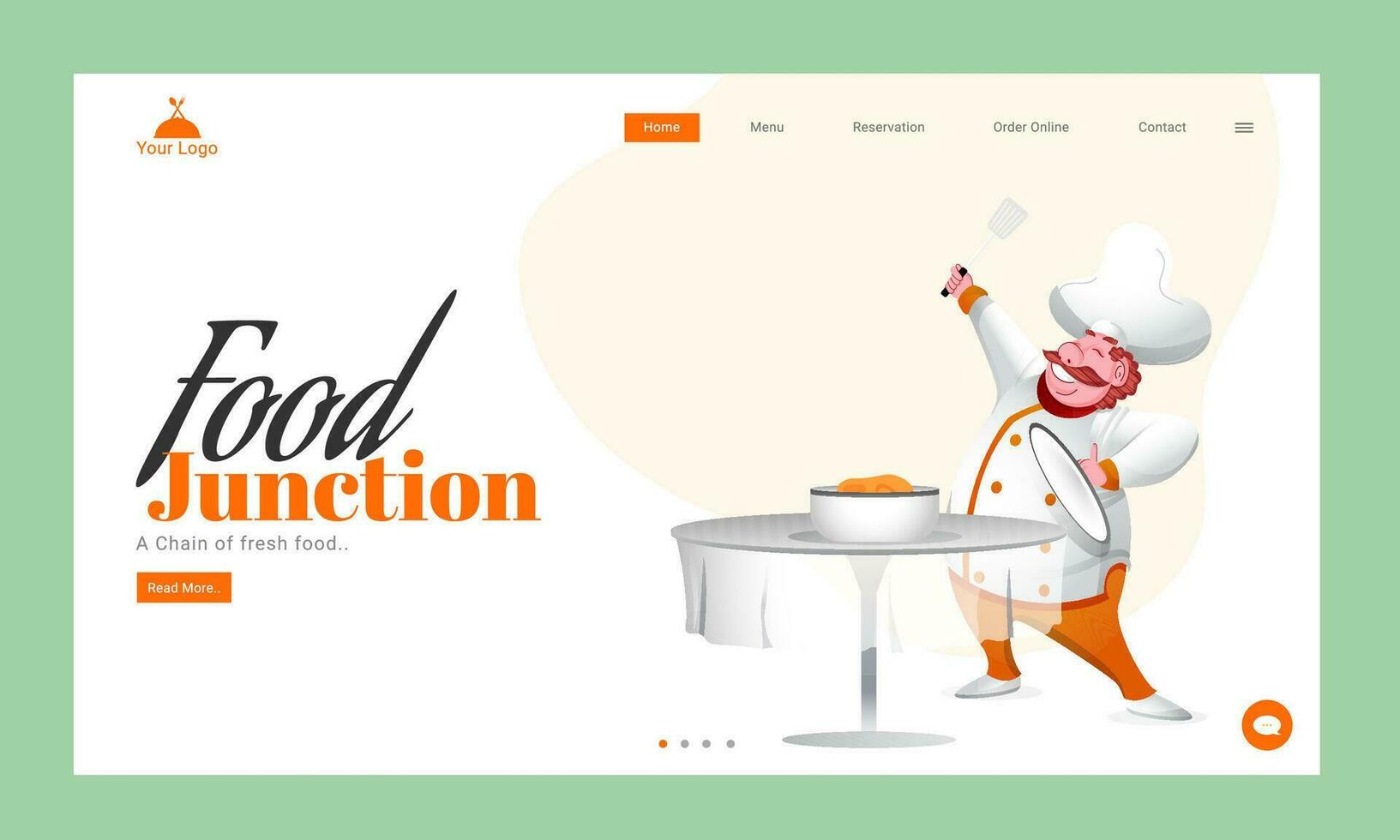 Landing Page or Hero Banner Design with Happy Chef Character Presenting Dish at Table for Food Junction. vector