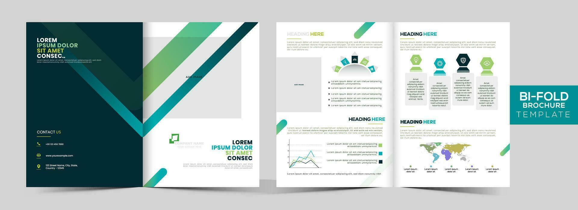Front and Back View of Business Bi-Fold Brochure Template Layout, Annual Report in Green and White Color. vector