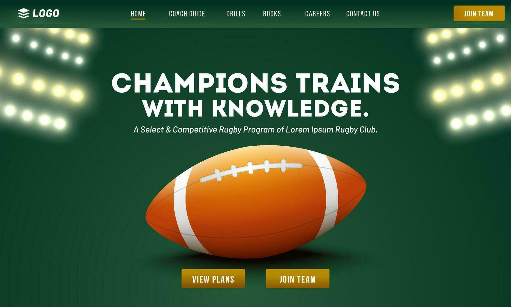 Rugby Champions Trains and Knowledge Game App or Responsive Template Design with Rugby Ball on Stadium Background. vector