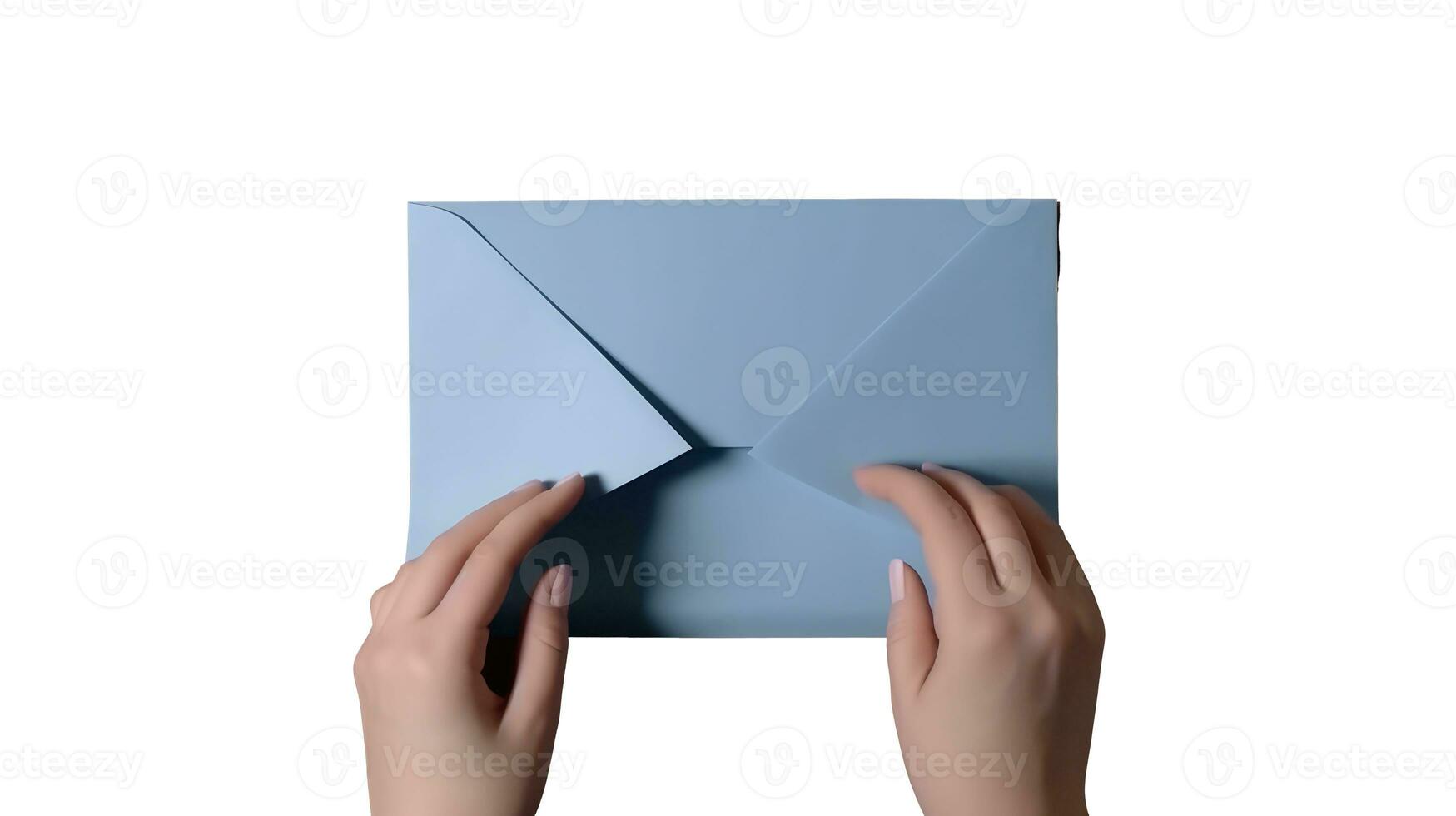 Top View Photo of Female Hand Holding Pastel Blue Craft Paper Envelope.