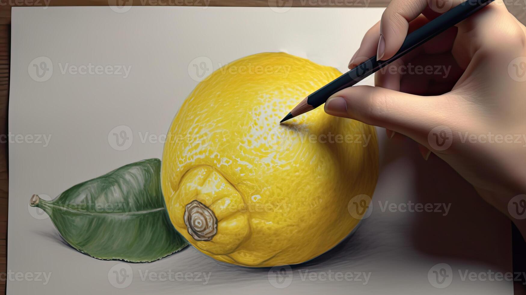 3D Art Presenting Image of Hand Drawing Realistic Lemon with Pencil. . photo