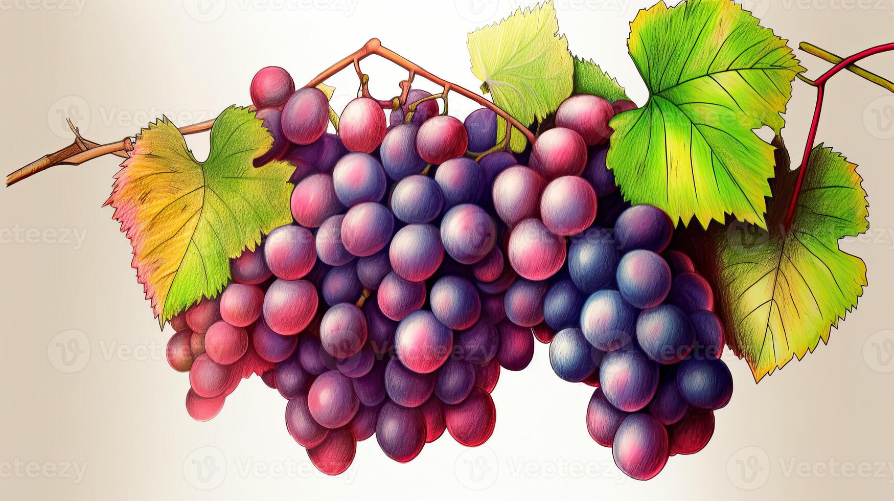A Fruit Painting of Realistic Grapes Vine Branch Hang Illustration. . photo