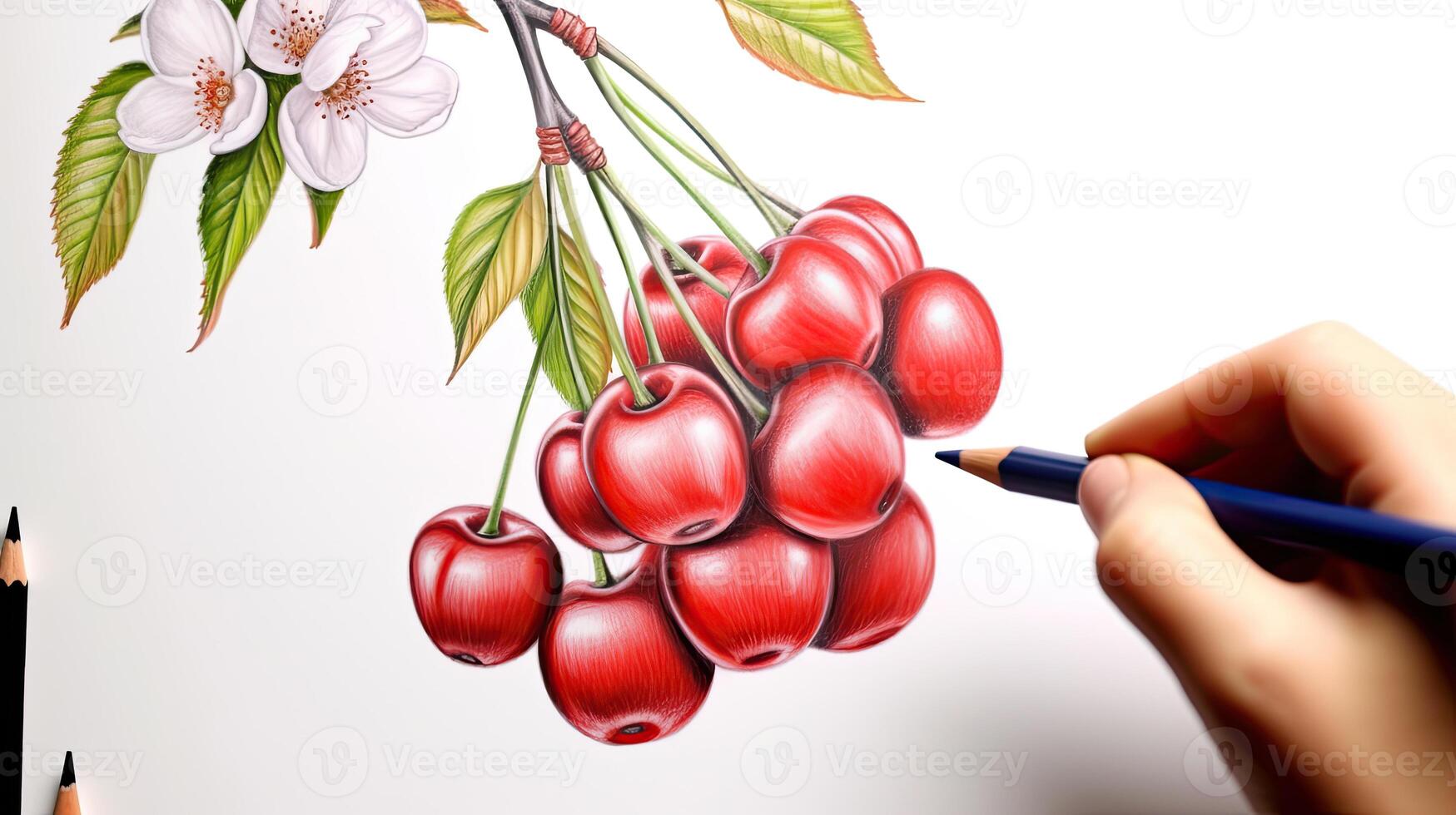 3D Art Presenting Image of Hand Drawing Realistic Cherries Tree Branch with Pencil. Generative AI. photo