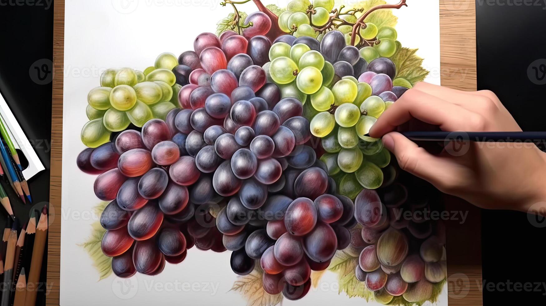 3D Art Presenting Image of Hand Drawing Realistic Grapes Bunch with Pencil. . photo