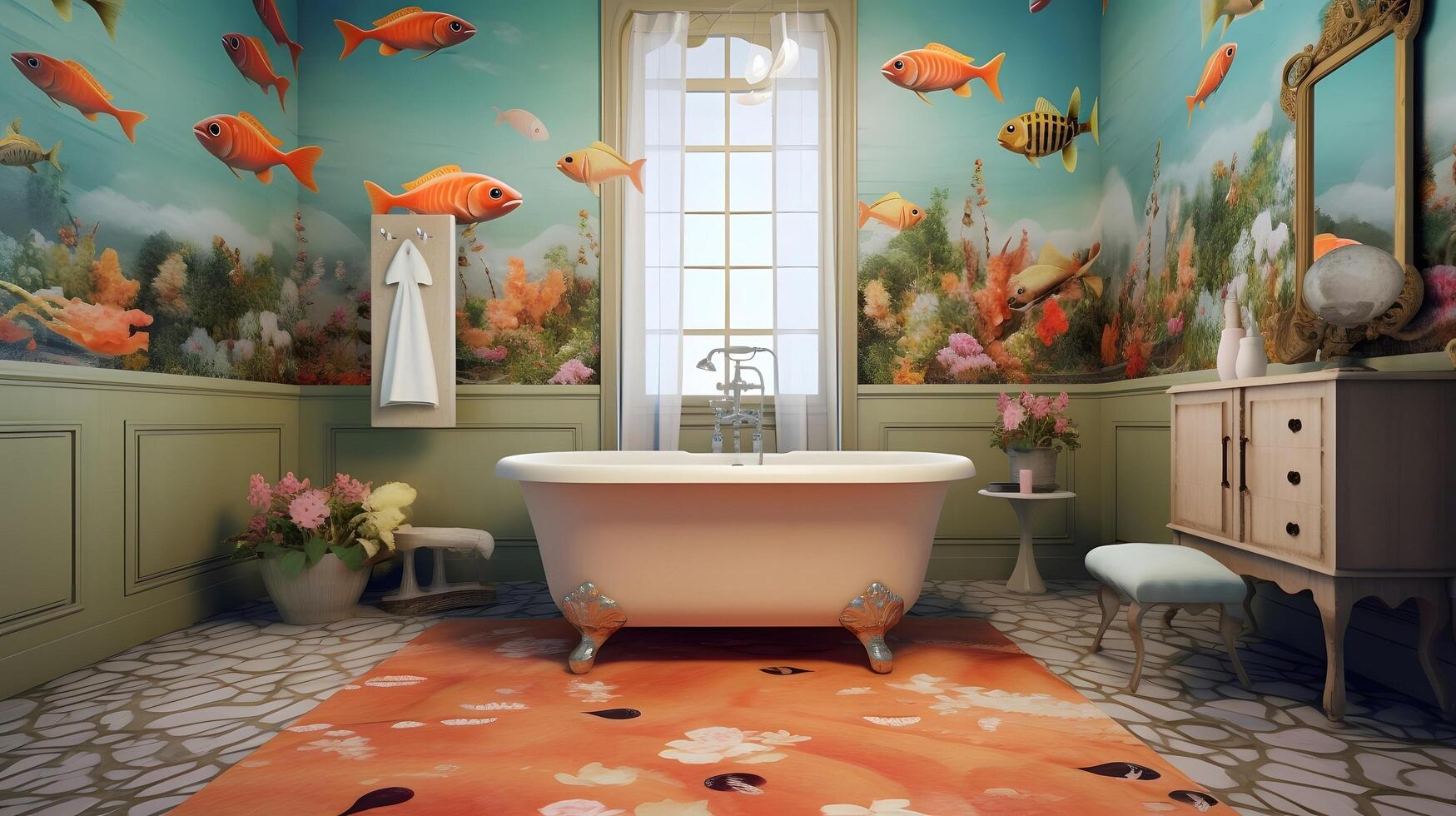 hermosa dibujos animados interior de el baño con un hermosa ver de el flores y un pescado foto