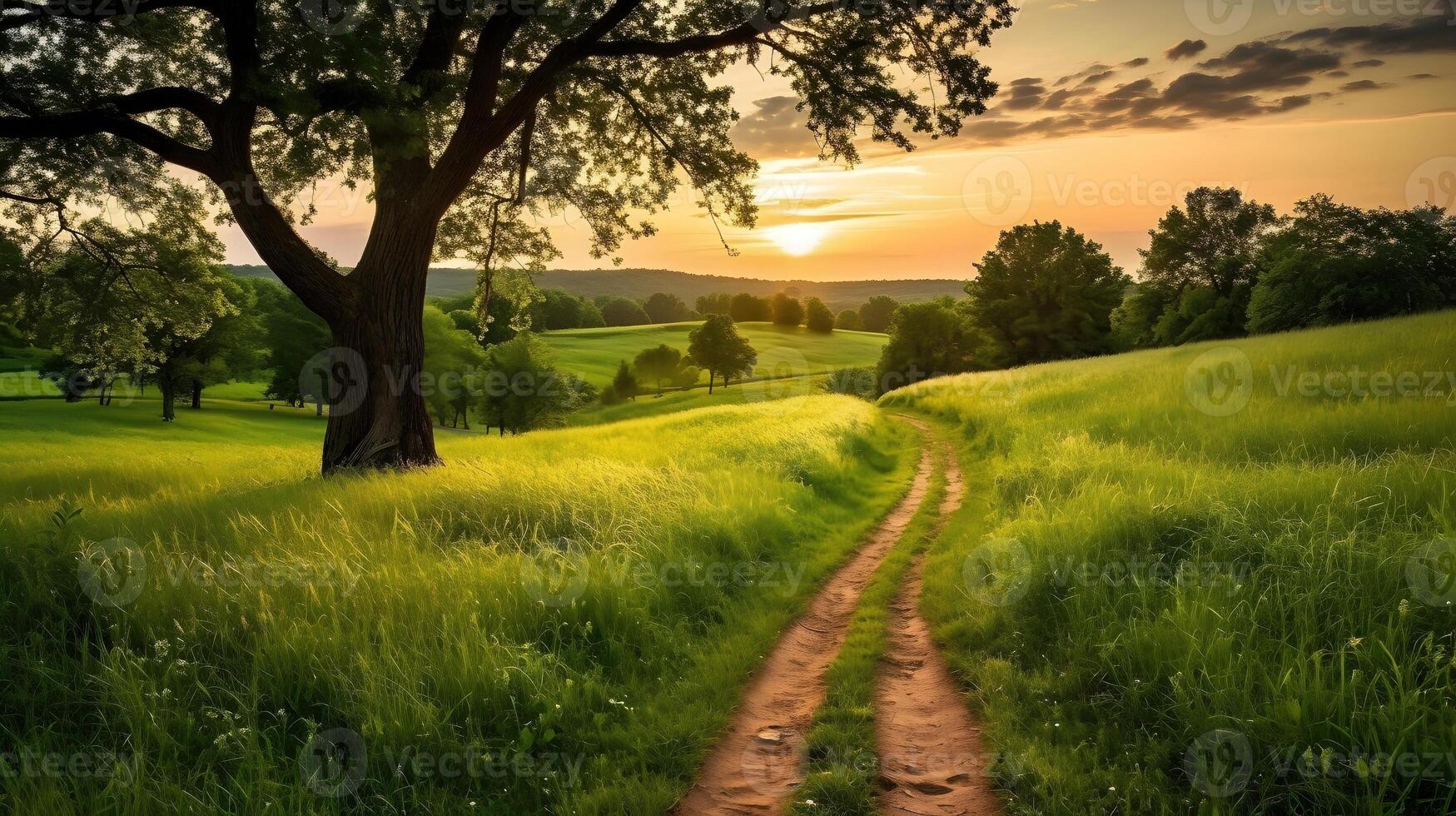 a wide shot of a green field under the sunlight , photo