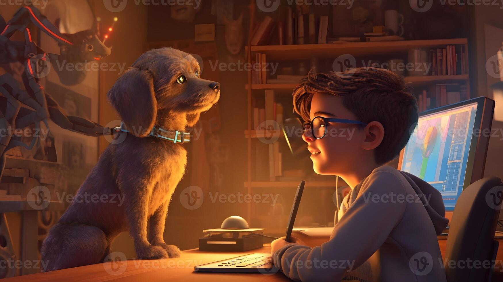 a boy and dog in the library , photo