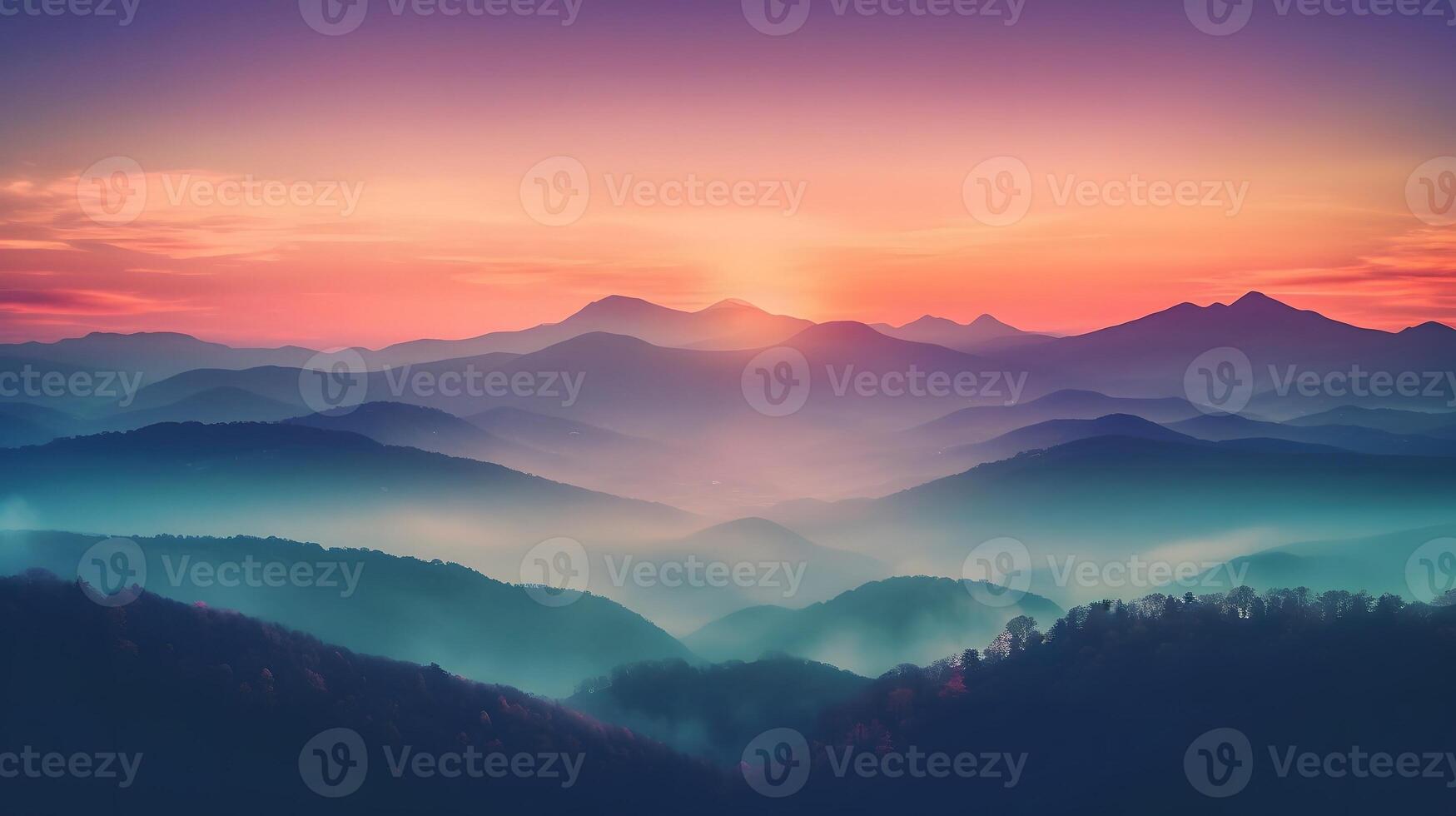 beautiful mountain landscape with clouds and sunrise , photo