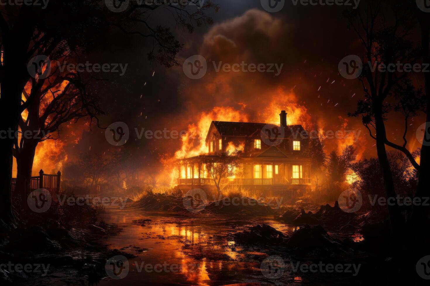A burning house sitting on fire by the dark night. photo