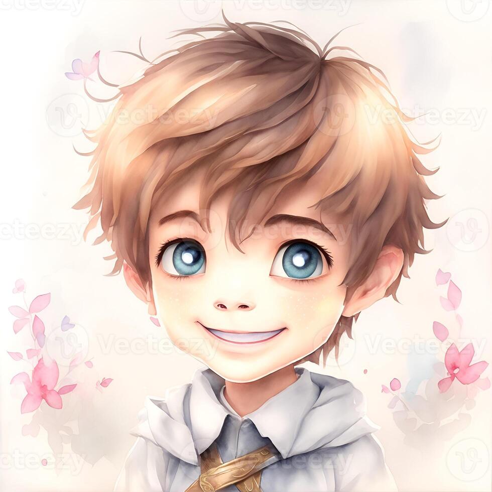 Face of Kawaii boy smiling Watercolor Clipart HAPPY. photo