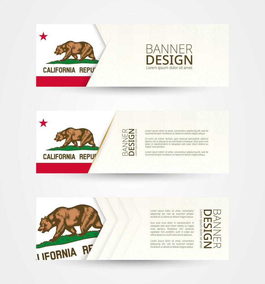 Set of three horizontal banners with US state flag of California. Web banner design template in color of California flag. vector