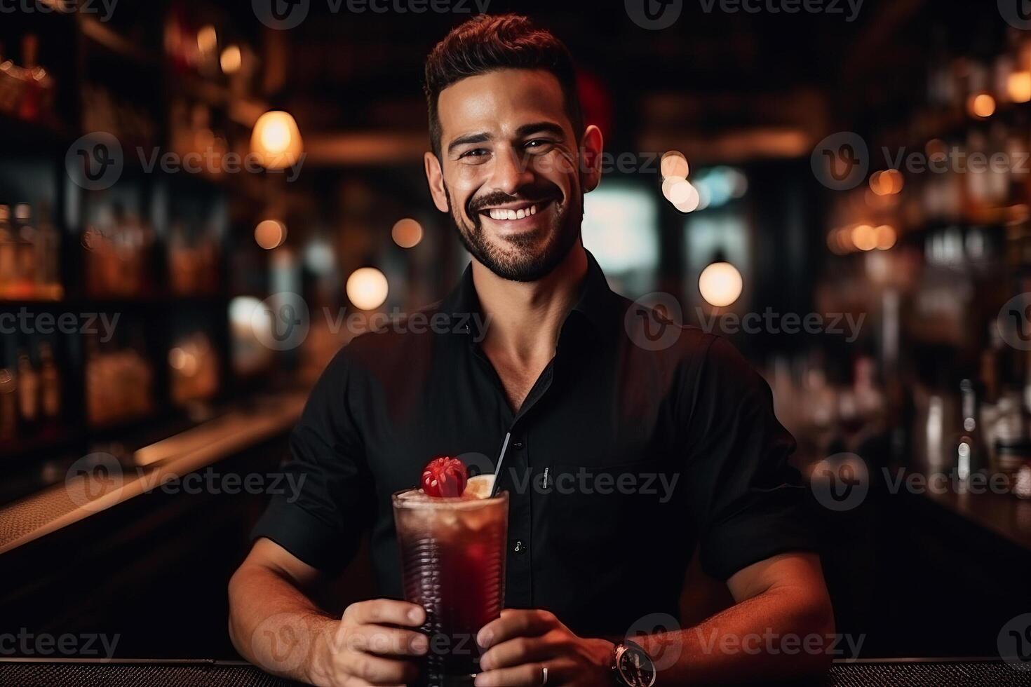 portrait smiling bartender mixes a cocktail in a shaker. photo