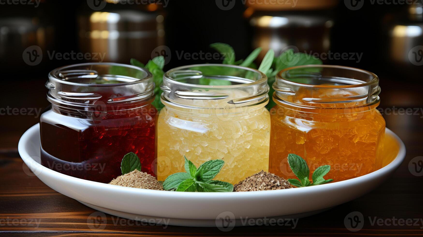 Variety of sweeteners Stevia, sugar, pollen and honey. photo
