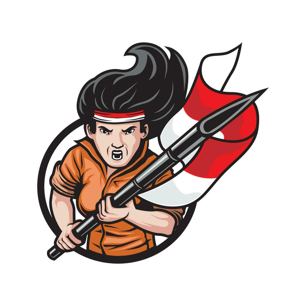 an Indonesian female warrior clenching her fists up shouting independence. with the Indonesian flag behind it. indonesia independence day. vector