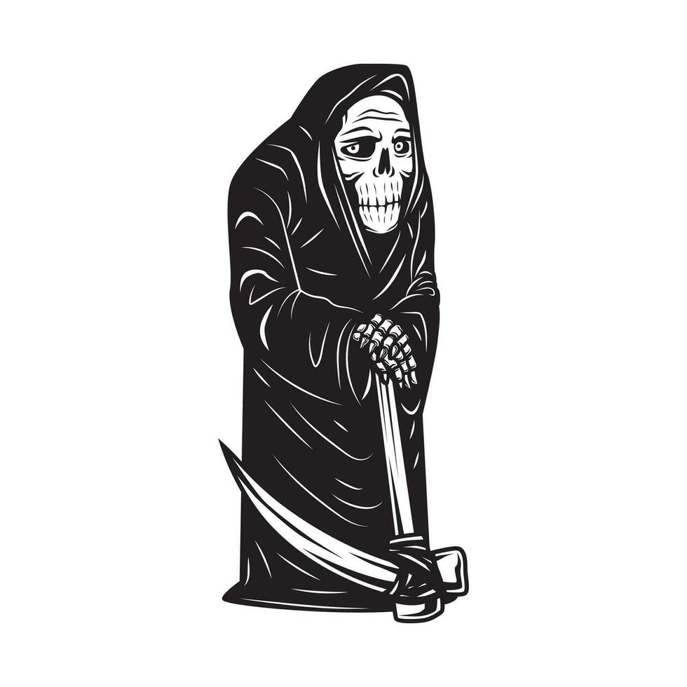 old grim reaper with sickle character vector illustration. black and white