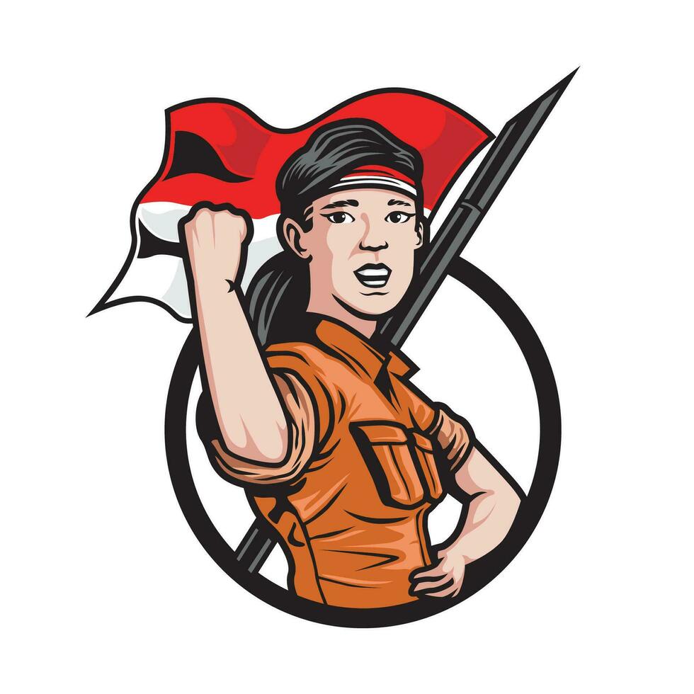 an Indonesian female warrior clenching her fists up shouting independence. with the Indonesian flag behind it. indonesia independence day. vector