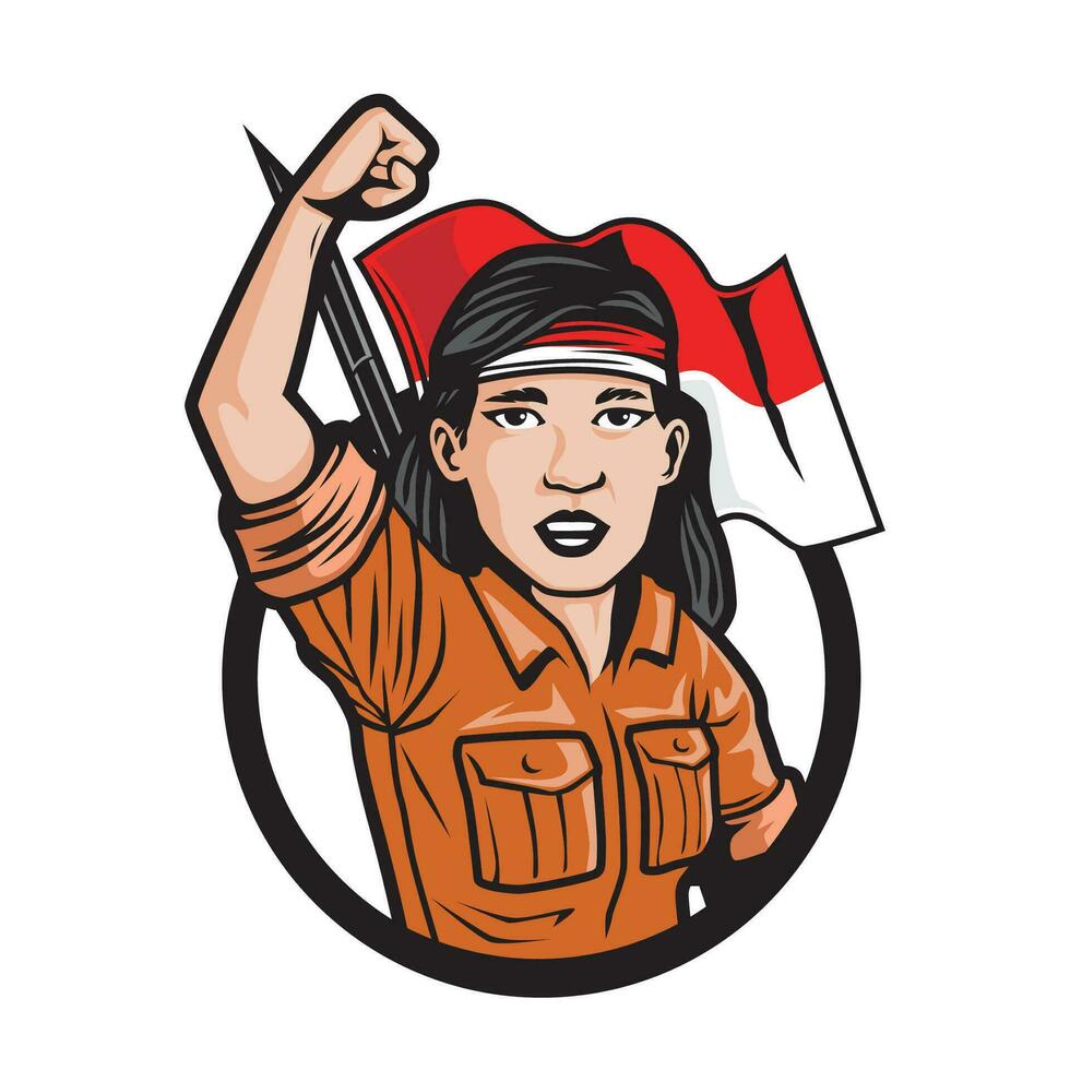 an Indonesian female warrior clenching her fists up shouting independence. with the Indonesian flag behind it. indonesia independence day. vector