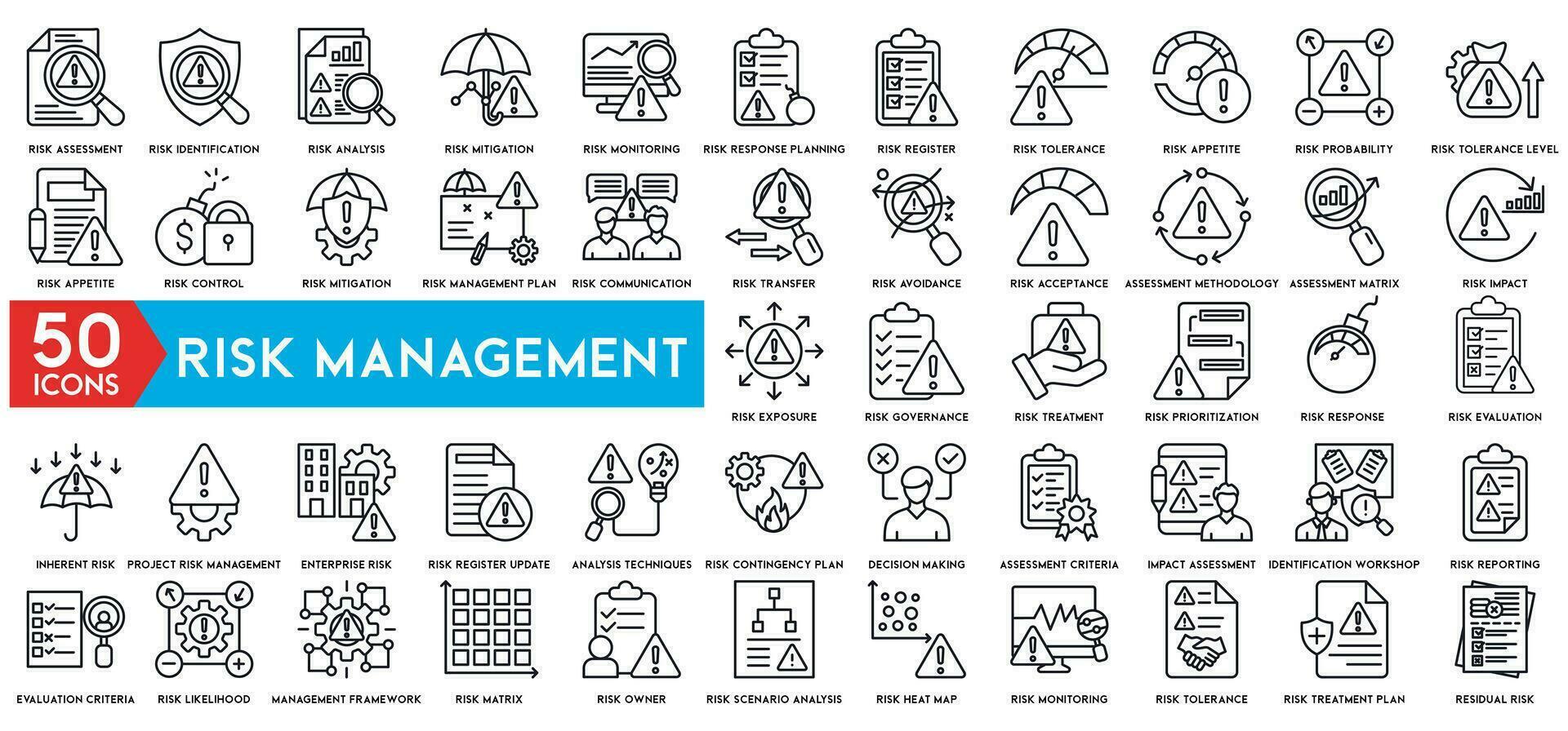 Risk Management Icons. Contains such concept Icons as Threat Analysis, Warnings, Risk Assessment and more vector