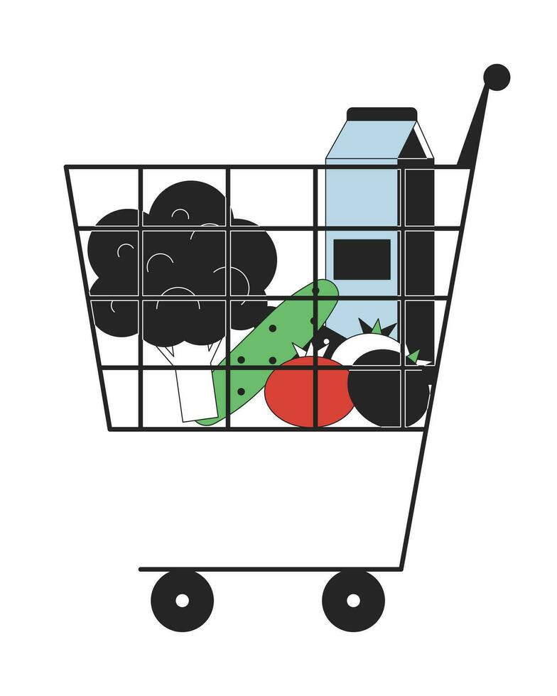 Shopping cart with purchases flat line color isolated vector object. Healthy food in basket. Editable clip art image on white background. Simple outline cartoon spot illustration for web design
