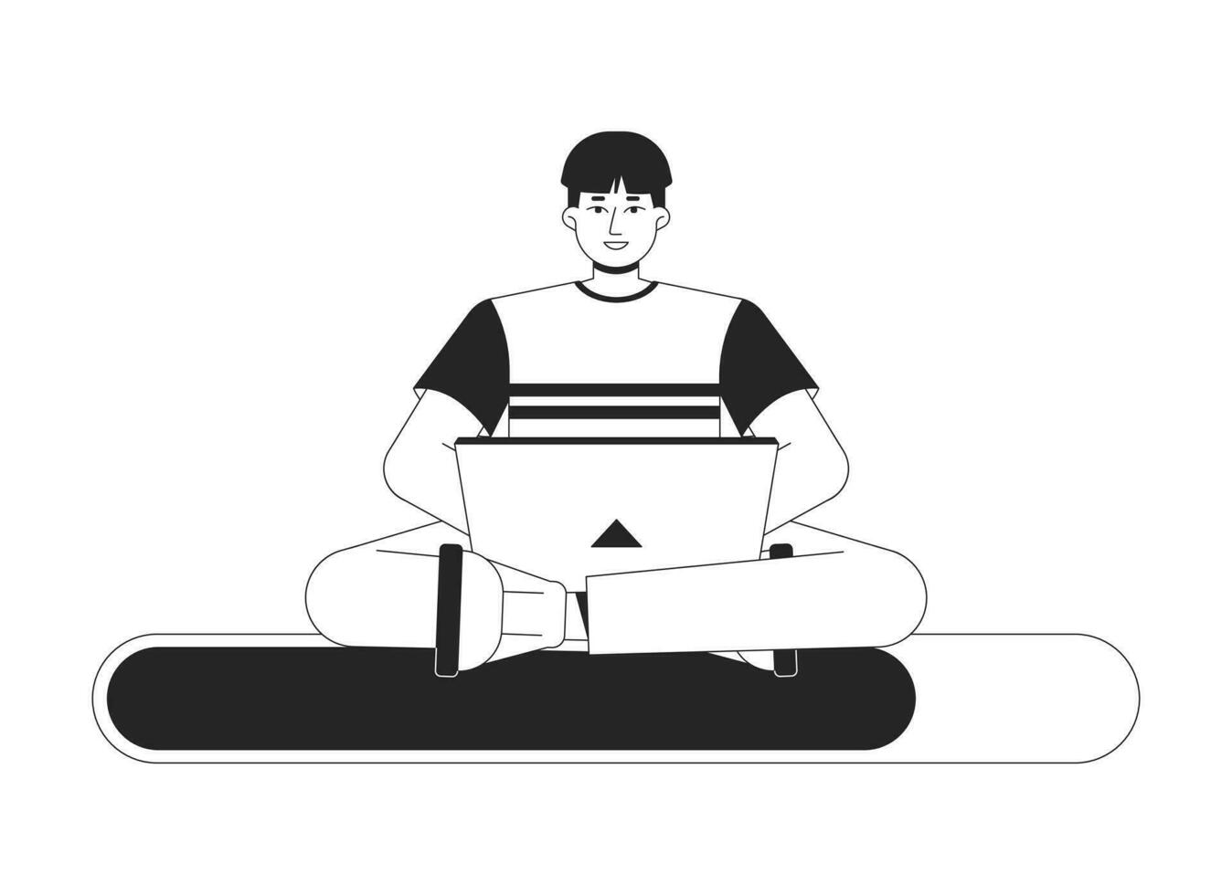 Programmer sitting on black white loading bar flat design. Asian guy with laptop working. Web loader ui ux. Graphical user interface. Outline cartoon vector illustration on white background