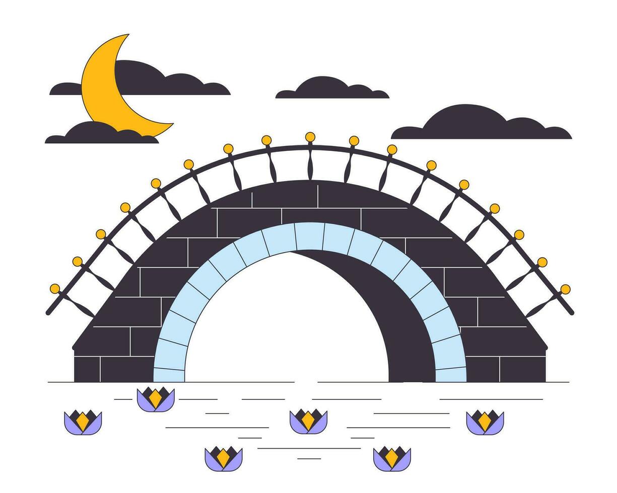 Stone bridge under river flat line concept vector spot illustration. Moonlit night landscape 2D cartoon outline objects on white for web UI design. Editable isolated colorful hero image