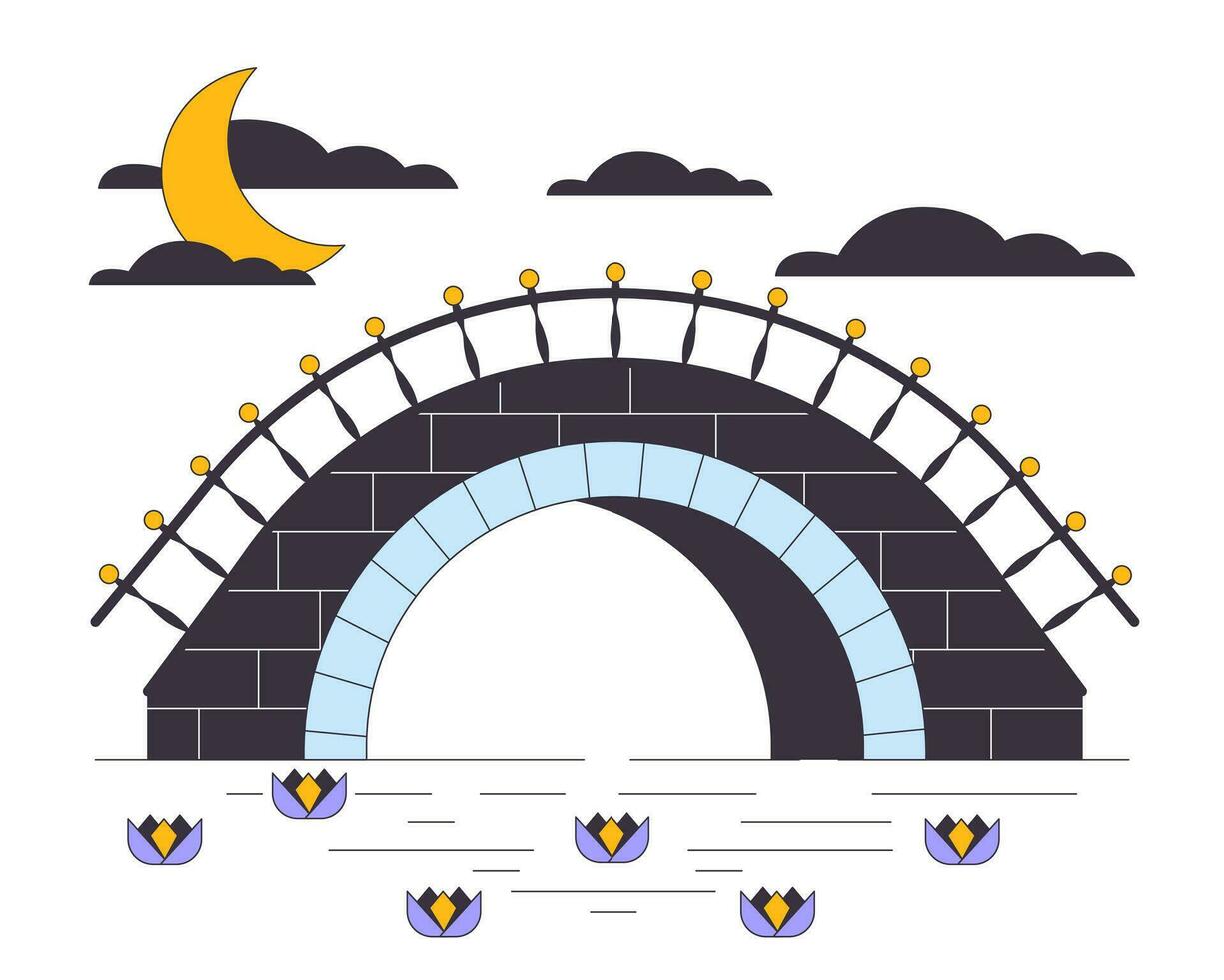 Roca puente debajo río plano línea concepto vector Mancha ilustración. de luna noche paisaje 2d dibujos animados contorno objetos en blanco para web ui diseño. editable aislado vistoso héroe imagen