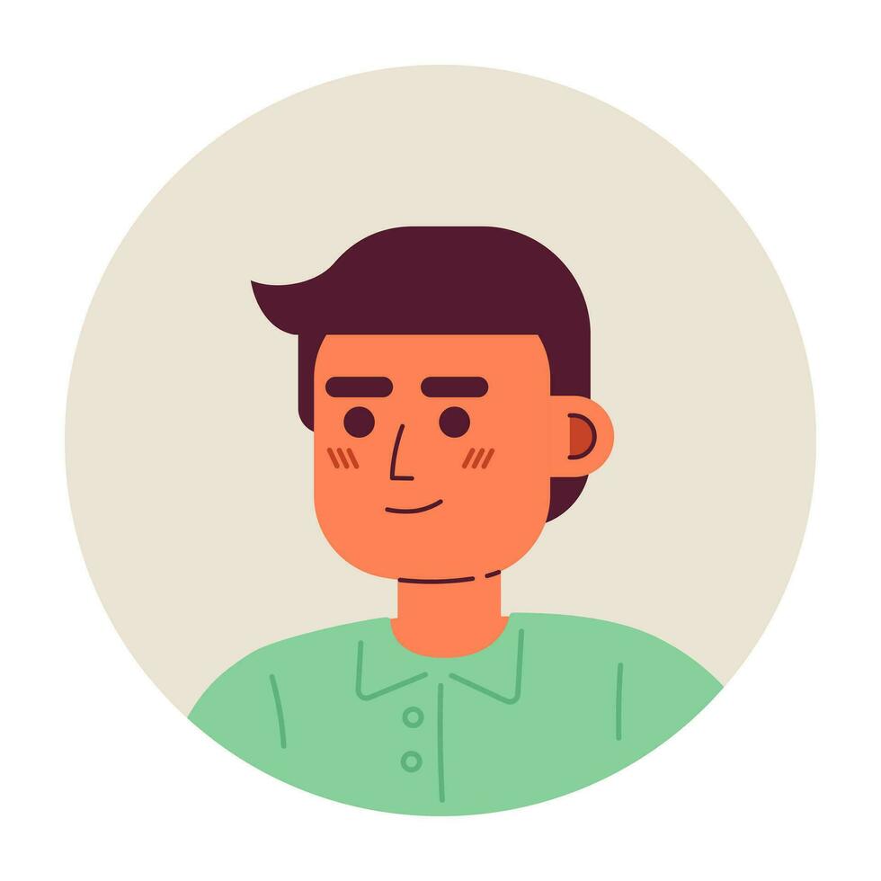 joven caucásico hombre semi plano vector personaje cabeza. editable dibujos animados avatar icono. contento morena chico. cara emoción. vistoso Mancha ilustración para web gráfico diseño, animación